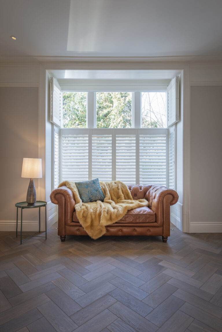 Open Lounge Tier on Tier Box Bay Shutters In Farnham By The Great Shutter Co.