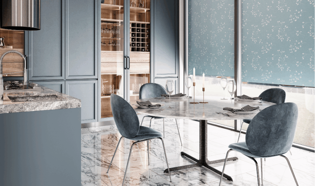 Bue motorised roller blinds to compliment a Blue shaker kitchen diner