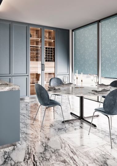 blue motorised blinds in blue shaker kitchen